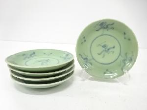 青磁　染付　人物　小皿　5客揃